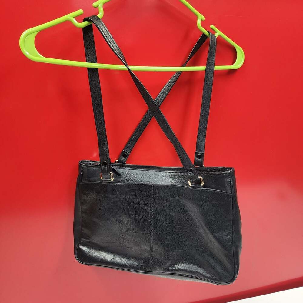 Woodward Black Pebbled Leather Shoulder Bag Zip Top with Double Straps